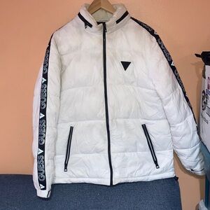 Guess Men's White Puffer Jacket with Black Accents